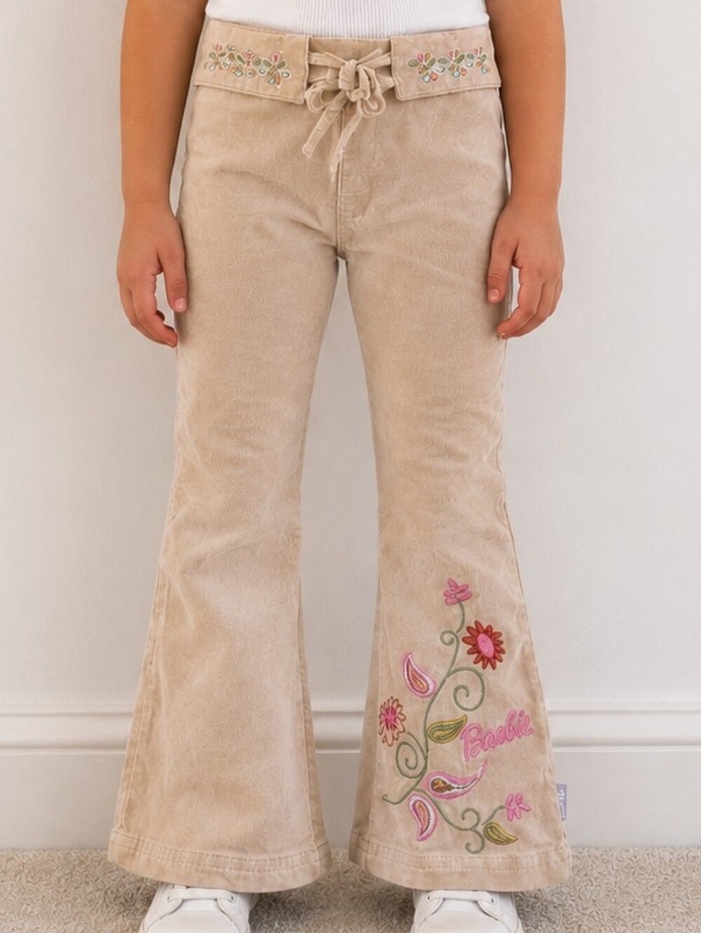 Barbie Girls Beige Corduroy Flare Pants Size 5 Embroidered Floral Y2K